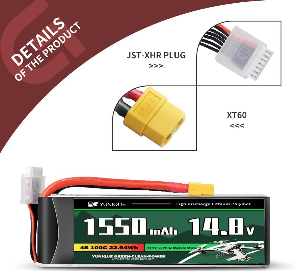 Lipo-Akku 4S 14,8V 1550mAh 100C mit XT60-Stecker – Hohe Leistung für RC-Modelle – Weichgehäuse, Silikonkabel