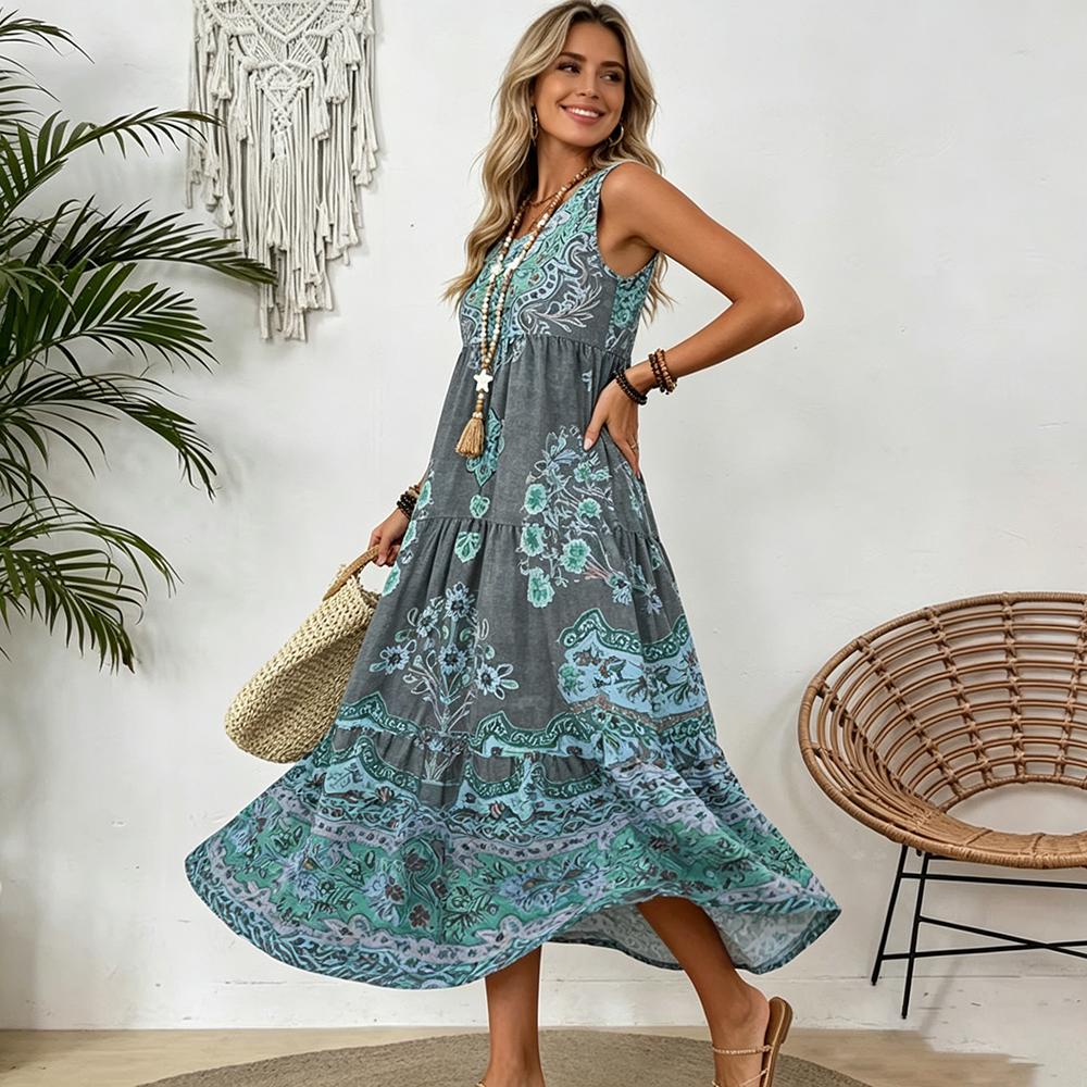 Women's Vintage Boho Floral Print Sleeveless Tiered Midi Dress, Casual Loose Swing Dress for Summer Vacation