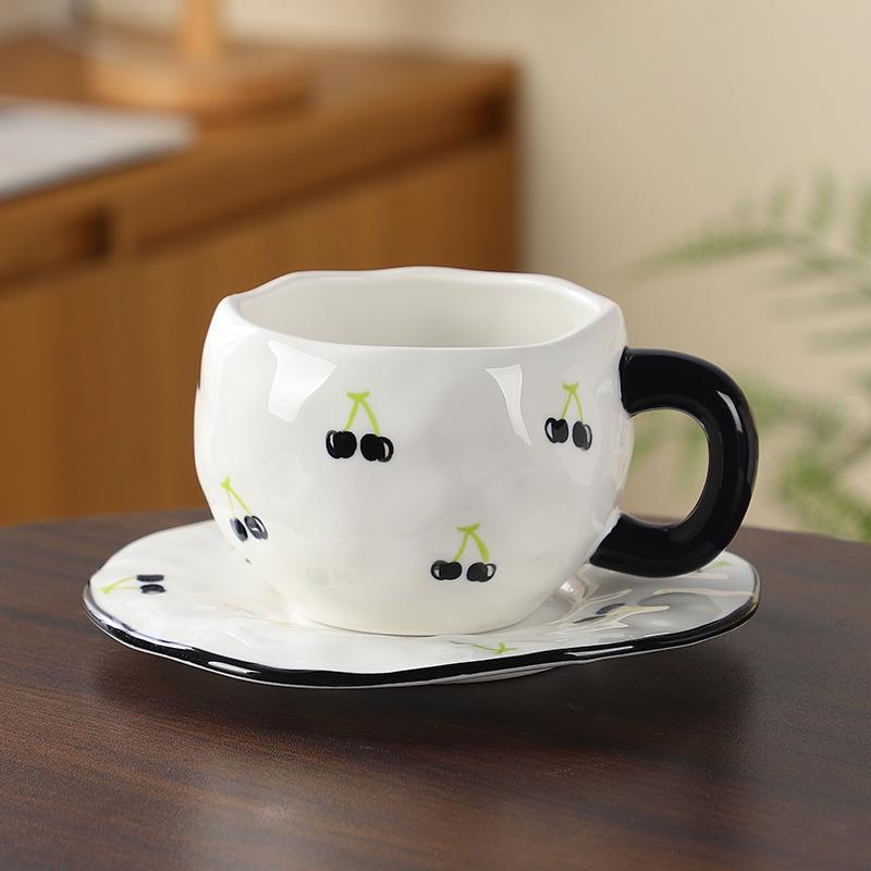 Korean Hand-Painted Ceramic Cup & Saucer Set - Creative Irregular Design for Coffee & Tea