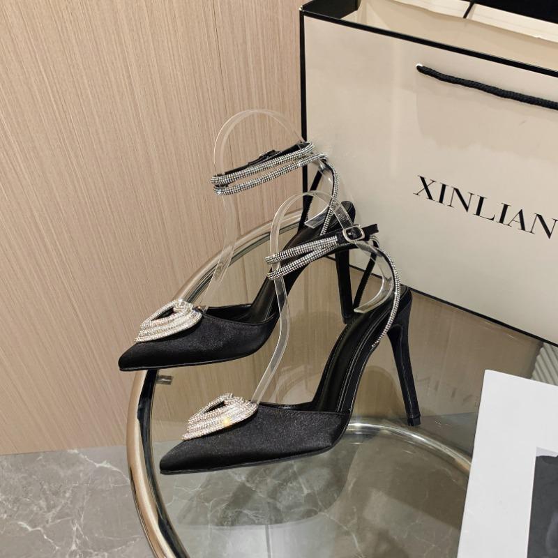 Black bag head sandals women's summer new thin heel love rhinestone strap empty sexy thin heel high heels