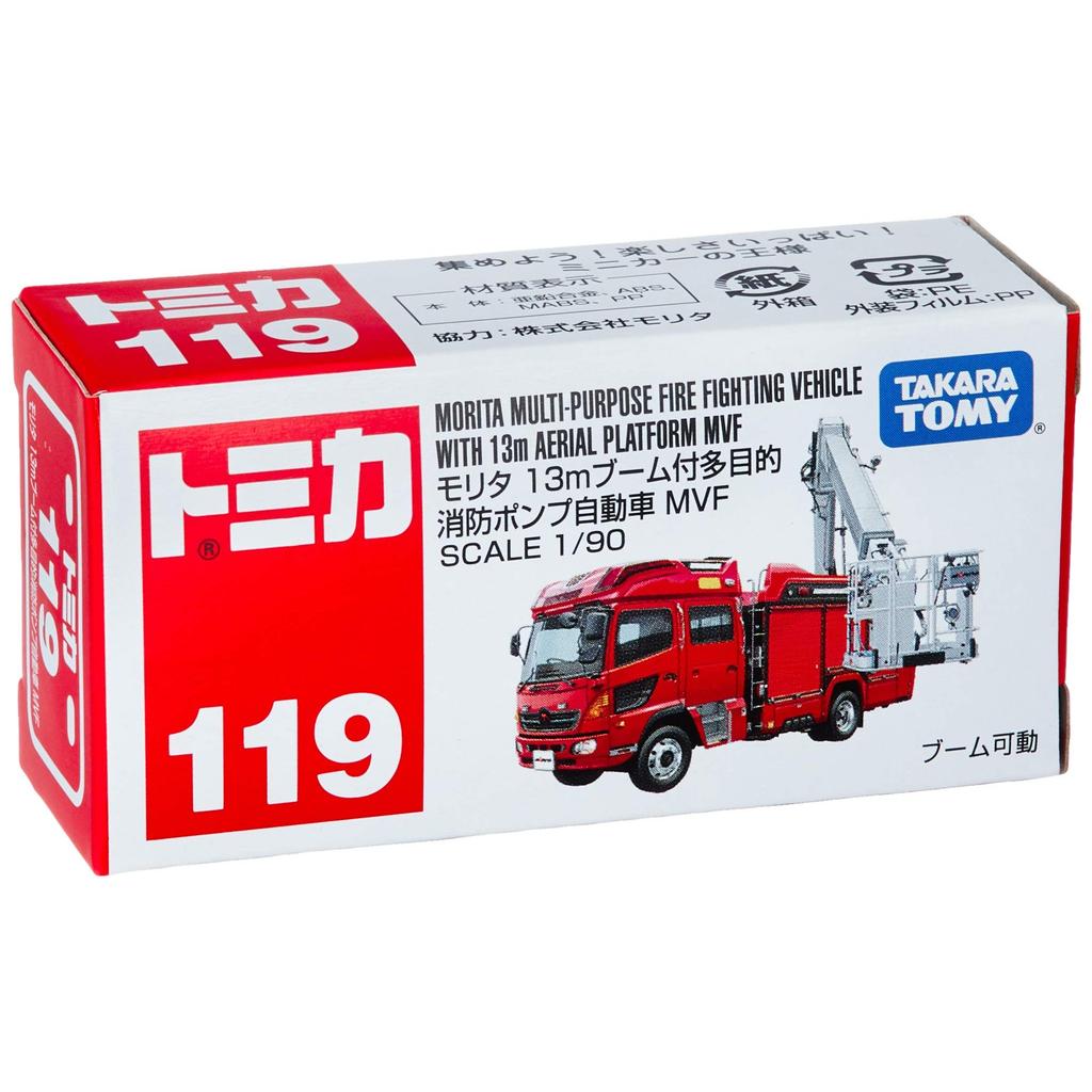 TAKARA TOMY "Tomica No.119 Morita Multi-purpose fire pump vehicle with 13m boom MVF (box)" Mini car car toy 3 years old and older Boxed Toy safety