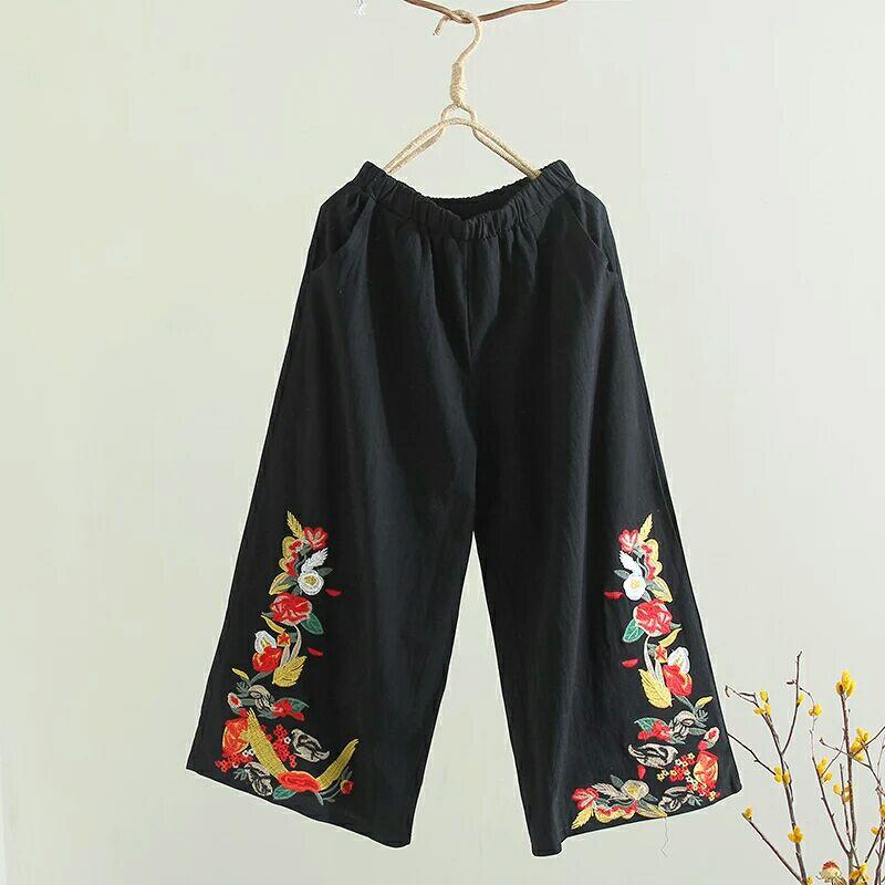 Elastic Waist Wide Leg Pants Cropped Pants Embroidered Women's Pants Cotton Loose Casual Pants Embroidered