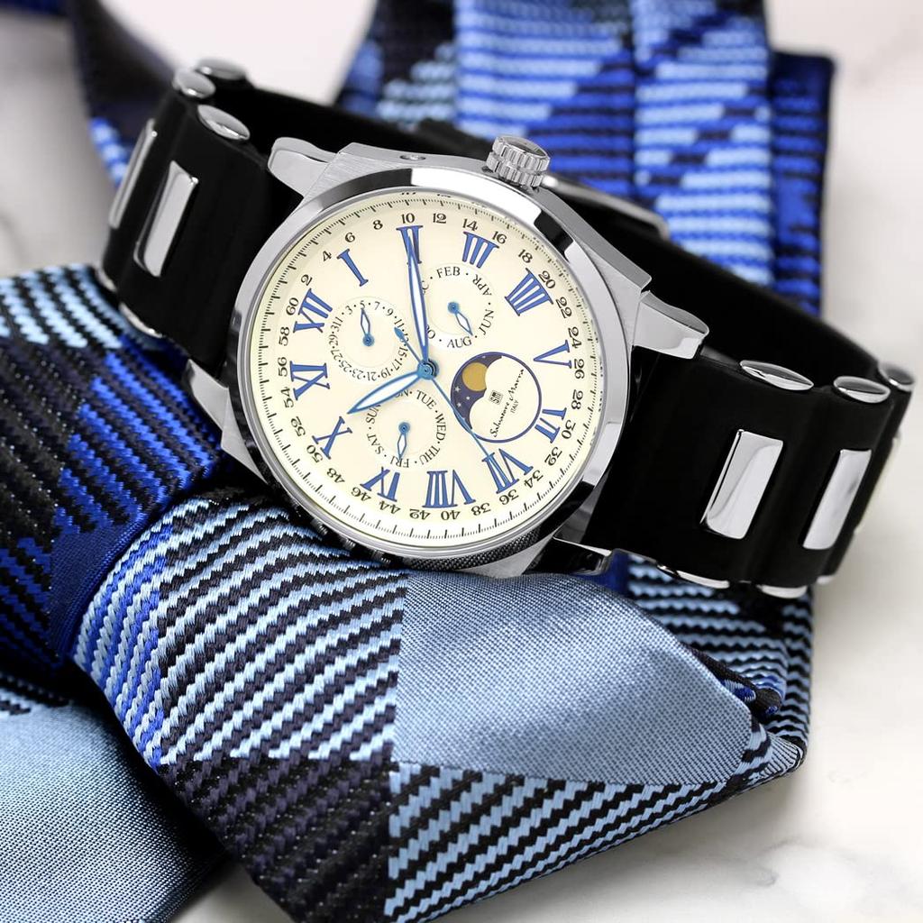 Watch Moon Phase Multi Calendar 5 ATM Water Resistant Business Formal Rubber Belt Limited Model White Silver [Salvatore Mara] Men's SM22105R-SSWH