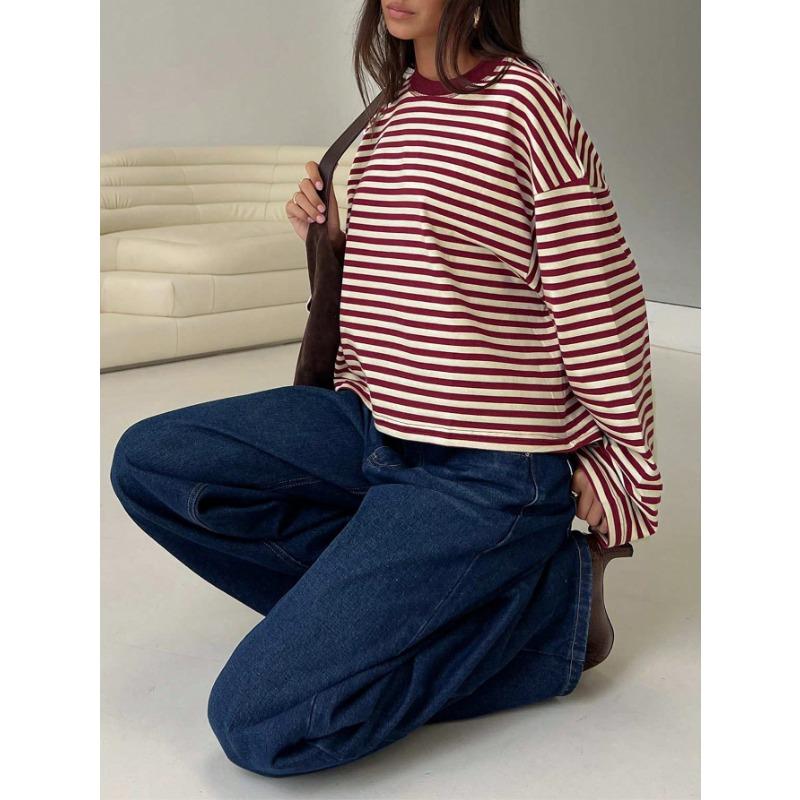 Loose Casual Retro Color Contrast Striped Long Sleeve T Shirt Top