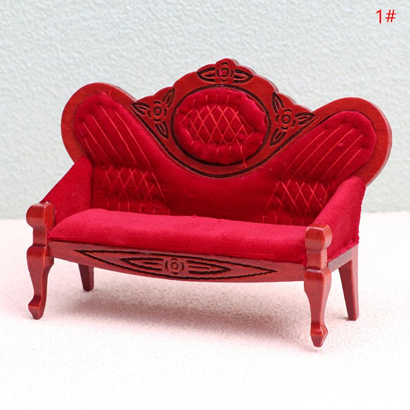 1:12 Dollhouse Miniature Sofa Red Retro Armchair Wooden Patch Sofa Model Living Room Furniture Decor Toy