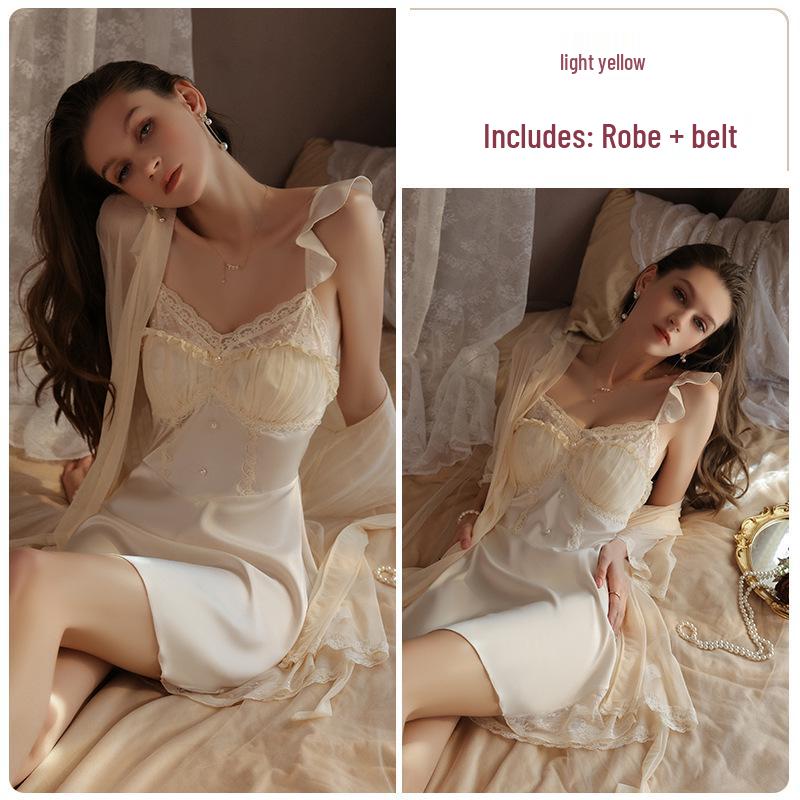 Plus Size Backless Ice Silk Push-Up Camisole Nightgown Robe Set