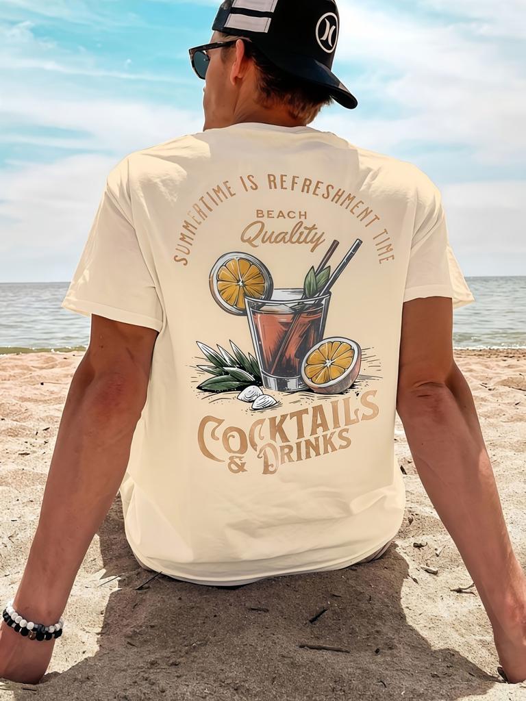 Summer Men's New Cocktail Beach Landscape Print Breathable and Comfortable Round Neck T-shirt Outdoor Casual Top