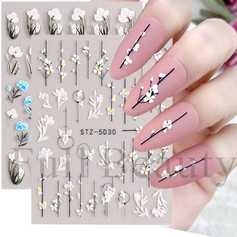 1 Sheet 5D Simple Flowers Nail Embossed Stickers Elegrant Wedding Design Adhesive Sliders Summer Textured Engraved Nail Decoration