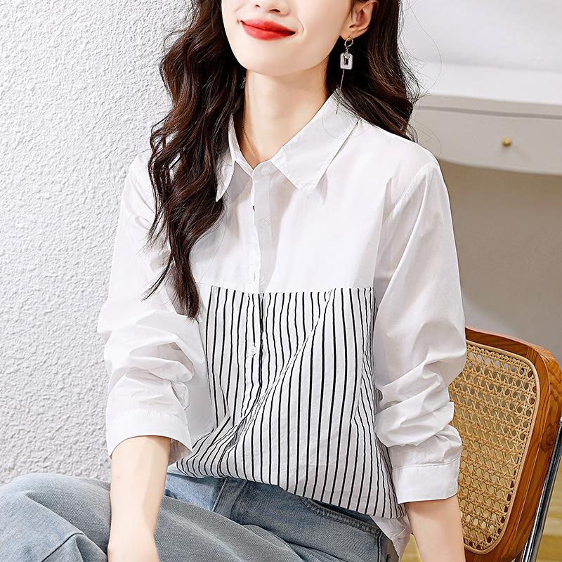 

Splicing Striped Shirt Women s Long-sleeved Autumn New Top Pure Cotton White Shirt M білий