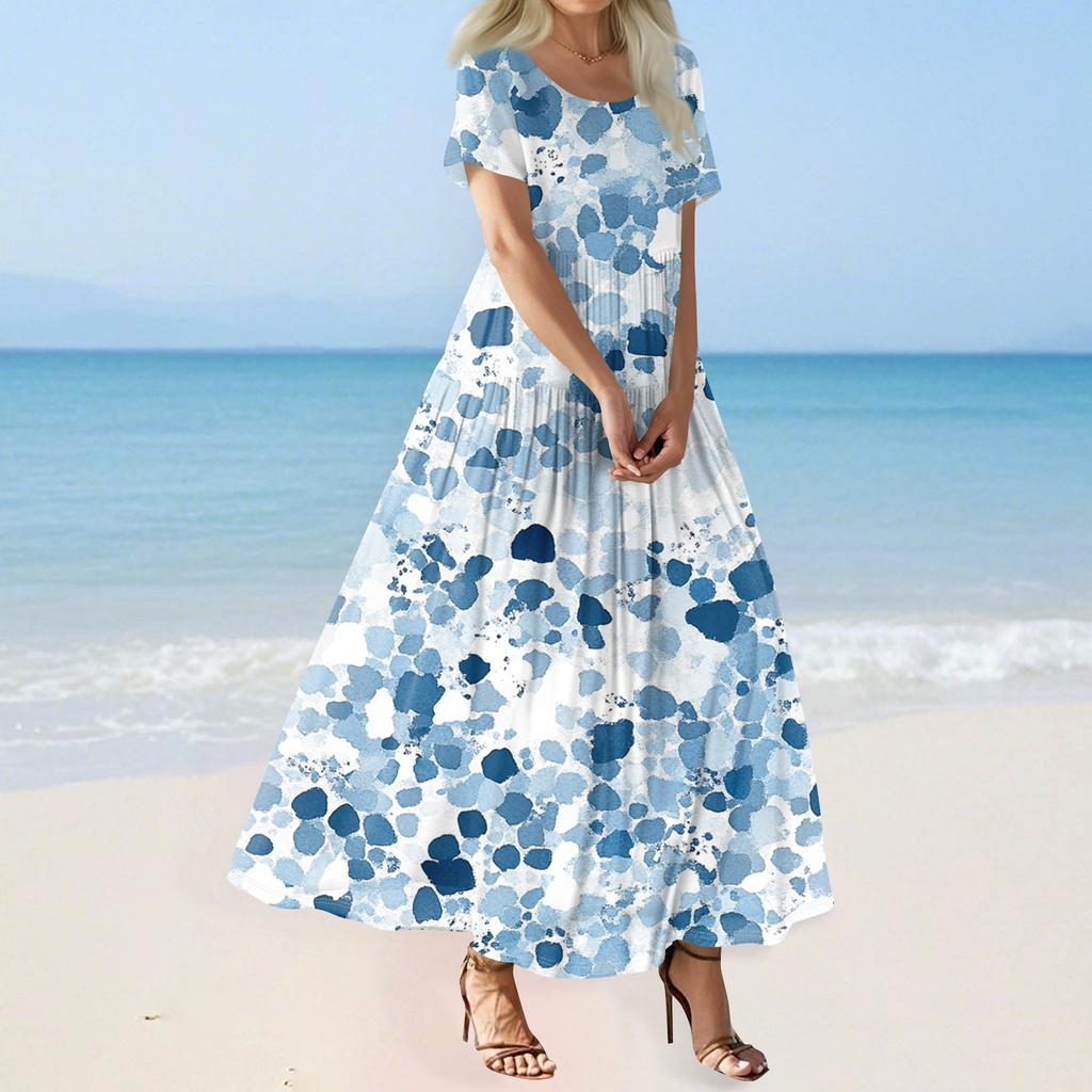 Damen Sommer Casual Blumendruck Kurzarm O-Ausschnitt Hohe Taille A-Linie Stufen Fließendes Boho Maxikleid
