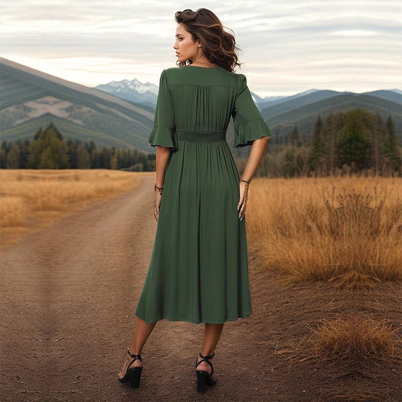 Moda damska Lato Wiosna Jednolity kolor Drukuj Krótki rękaw Dekolt w kształcie litery V Środkowa talia Casual Sukienki