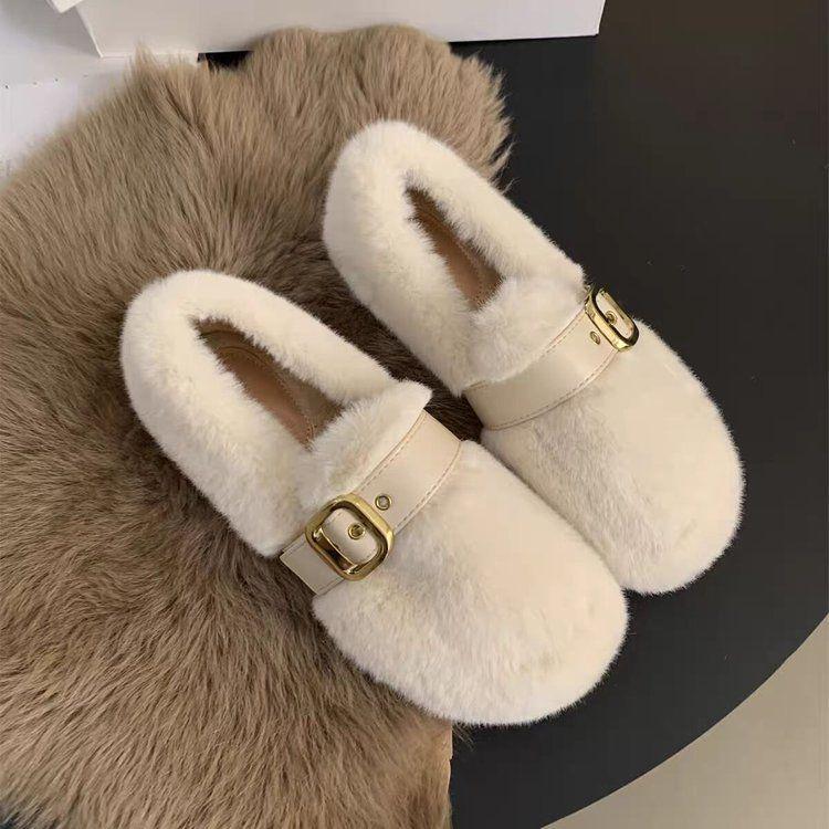 

Женские теплые мокасины из искусственного меха на толстой подошве, с флисовой подкладкой, универсальные, в сказочном стиле, Осень/Зима 2025 38 грязно-белый