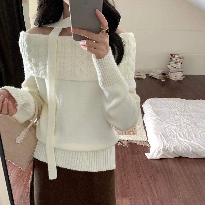 

Korean One-shoulder Streamer Off-shoulder Sweater for Women in Autumn and Winter Gentle Twist Knitted Sweater Pullover Temperament Top Onesize