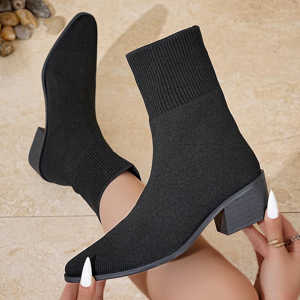 Large Size High-heeled Ankle Boots Women, 2026 Spring Autumn New  Knitted Pointed Toe Thick Heel Elastic Women's Boots
