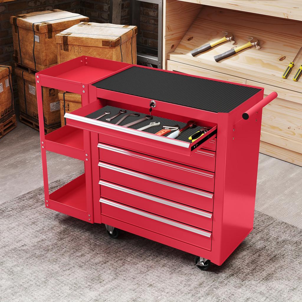 Workshop Cart Tool Cart with 7 Drawers, Removable Side Shelf, 4 Casters with Locking Brake, 96x33.5x75cm, Red
