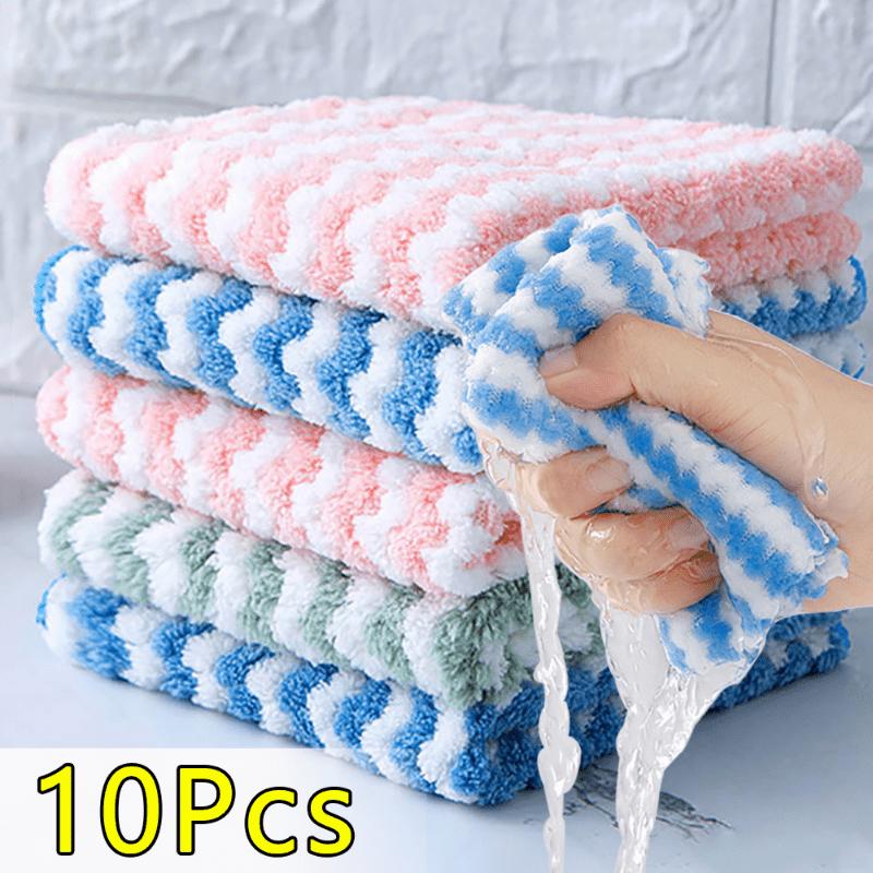 10pcs Kitchen Wipes Coral Velvet Wave Design Wipes Microfibre Thickened Absorbent Wipes Household Cleaning Cloth Set