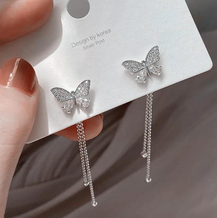 Korean Butterfly Tassel Drop Earrings for Women Fashion  Statement Shiny Rhinestone Earring Luxury Jewelry Wedding Party Gifts