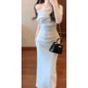 Swinging Collar Slanted Shoulder Open Shoulder Temperament Medium and Long Irregular Waist Temperament Hip-wrapped Pleated Dress Clothing Summer
