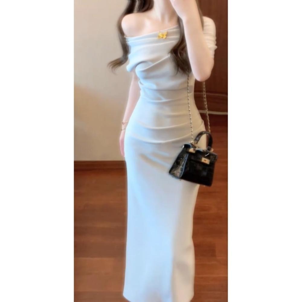 Swinging Collar Slanted Shoulder Open Shoulder Temperament Medium and Long Irregular Waist Temperament Hip-wrapped Pleated Dress Clothing Summer