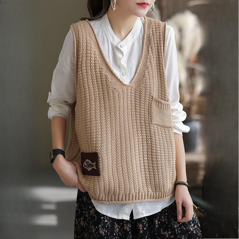 Women's Korean-Style Loose Outer-Wear Versatile V-Neck Pullover Thin Hollow-Out Sleeveless Knitted Sweater Vest Cardigan Trendy