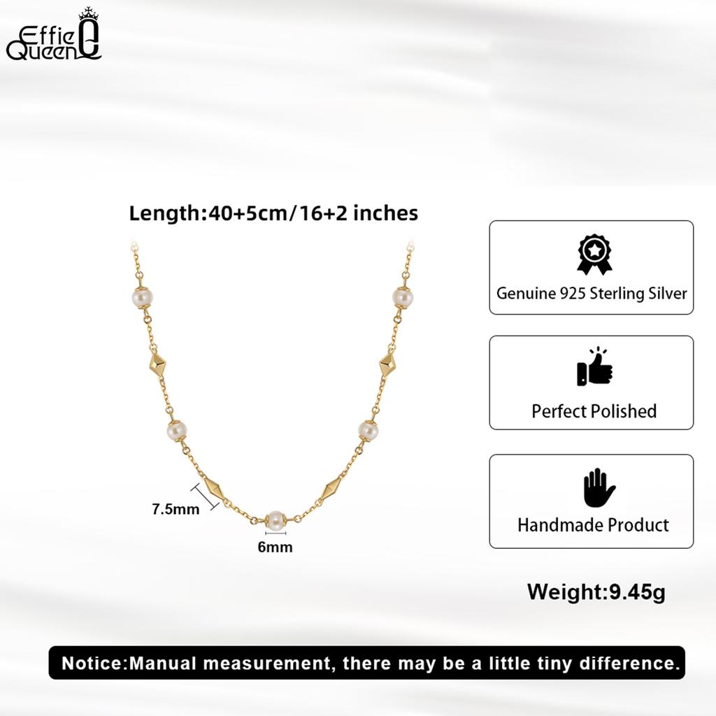 EFFIE QUEEN 100% S925 Silver 14k Gold Rhombus Style Pearl Chain Choker Necklace Simple Jewelry for Women Banquet Party GPN52