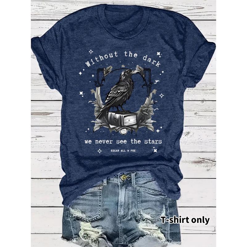 Women's Art Crow and Book Design Print Casual Short-sleeved Round-neck T-shirt