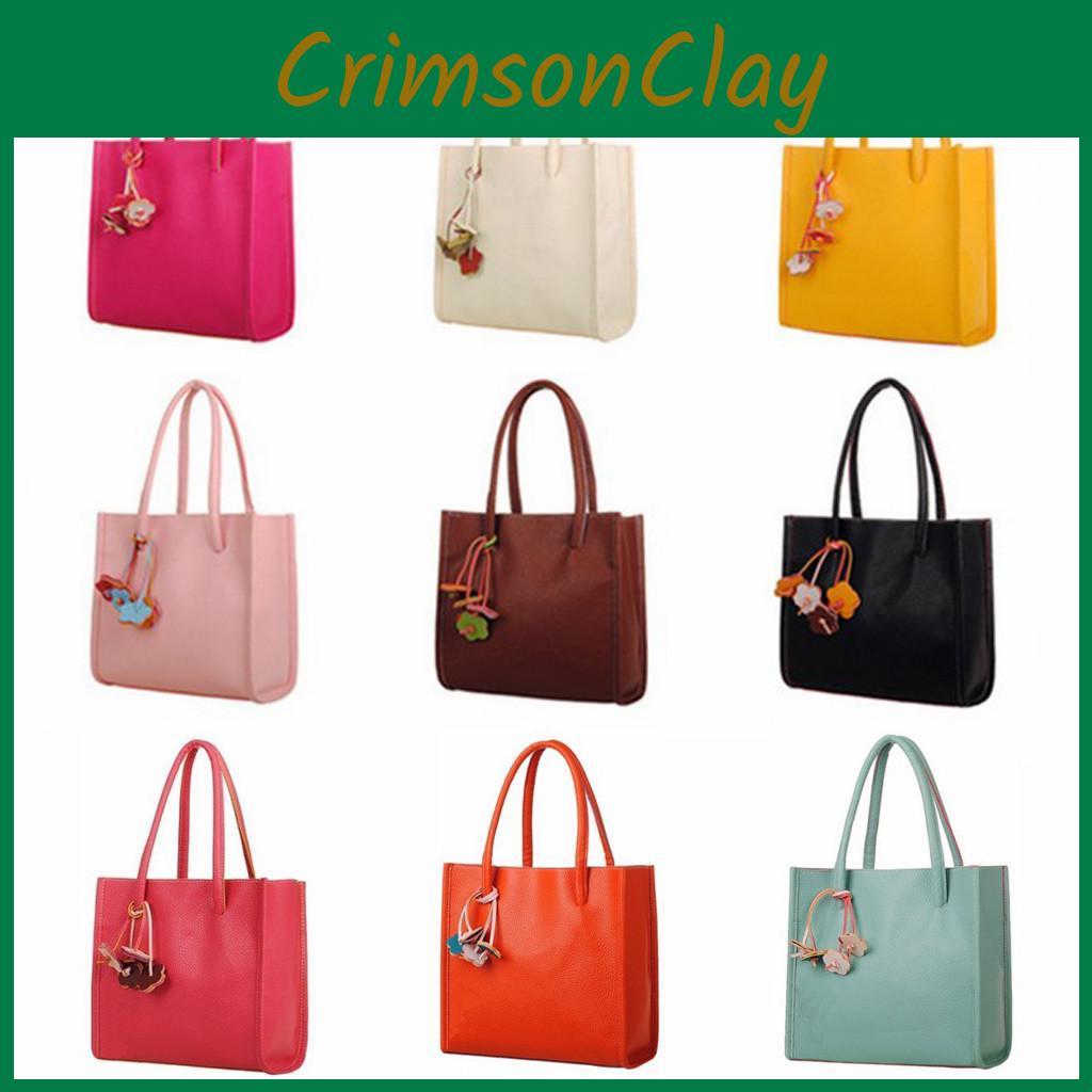 Trendy Candy Color Pu Leather Handbag For Women With Floral Shoulder Strap