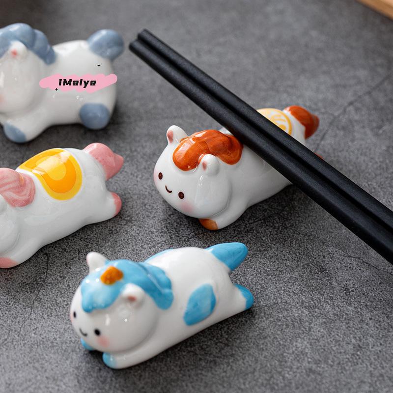 Cute Ceramic Horse Chopstick Rest Rack with Spoon Fork Knife Stand - Flatware Organizer Kitchen Table Decor for Horse Year