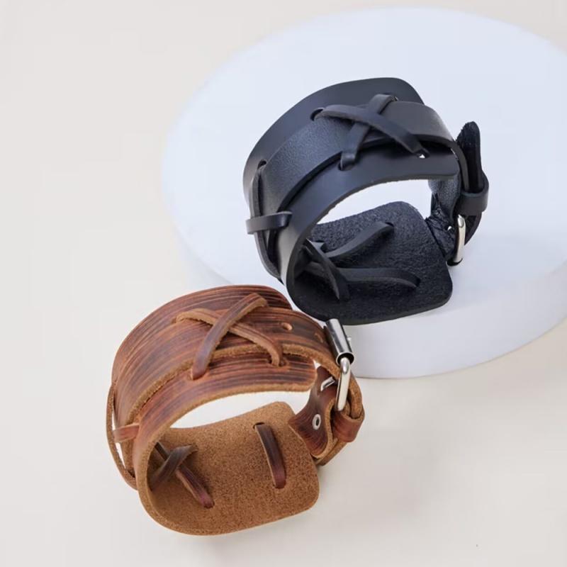 New Fashion Men Wide Genuine Leather Bracelet Brown Black Wide Cuff Bracelets & Bangles Vintage Punk Wristband Men Jewelry Gift