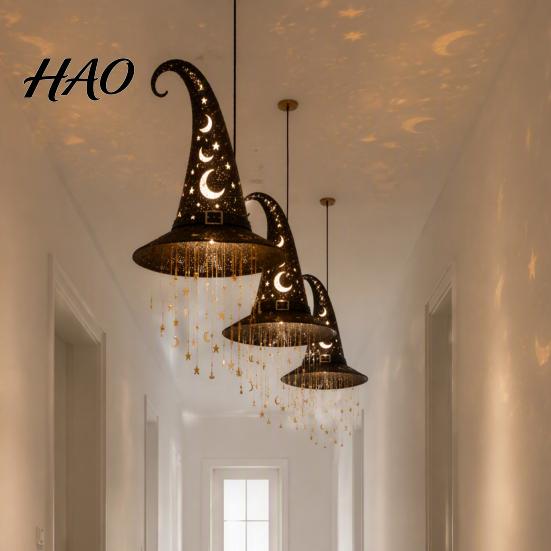 Outdoor Festive Hanging Stars Light Up Witch Hat Lamp, Glowing Halloween Ornament with Twinkling Magical Atmosphere Prop Moon, Indoor Porch