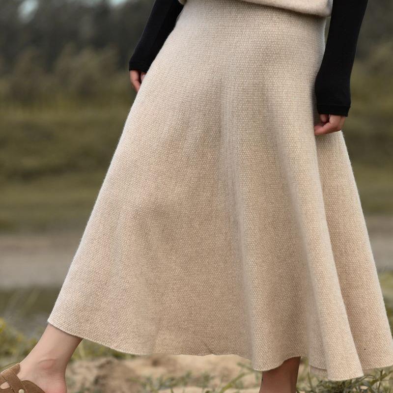 Women's High-Waist Mid-Length Wool Pleated A-Line Skirt for Autumn/Winter