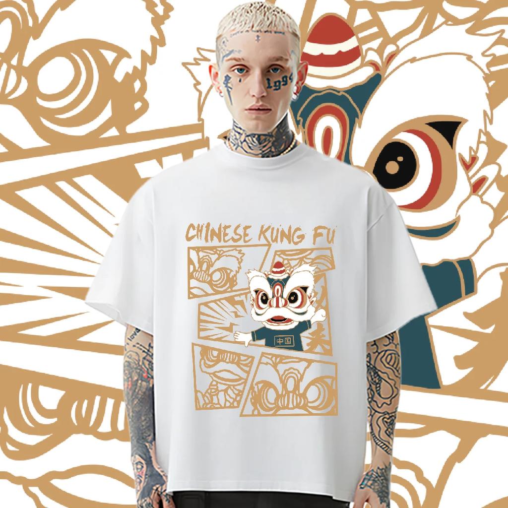 Lion Dance Tshirt Oversized Loose Round Neck T Shirt Retro Harajuku Men Tops High Quality Casual Comfort Tees Rap Style T-shirt