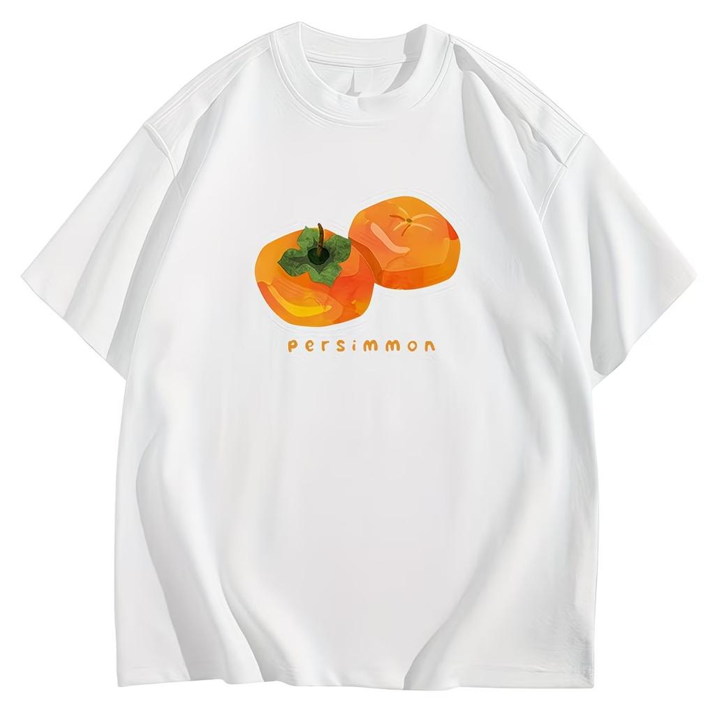 Lucky Persimmon Letter Print TShirt Minimalist Fruit Graphic Tee Summer Short Sleeve Unique Casual Fashion Unisex Gift Tops