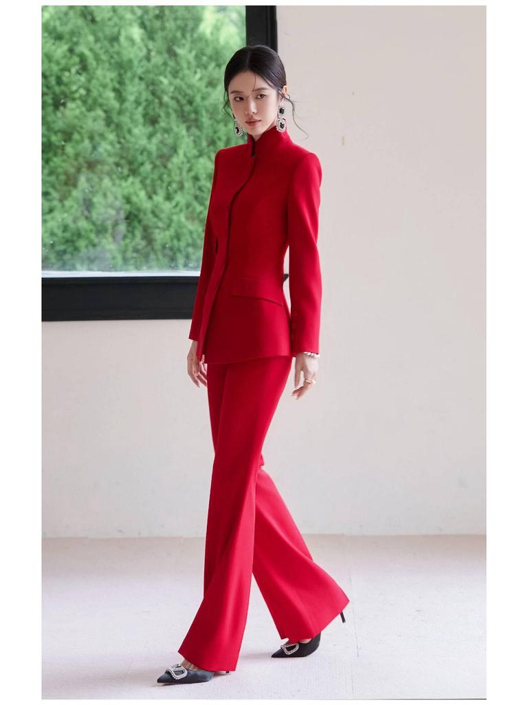 Women's Elegant Chinese Red Suit - 2025 Acetate Formal Wear for Banquets & Events