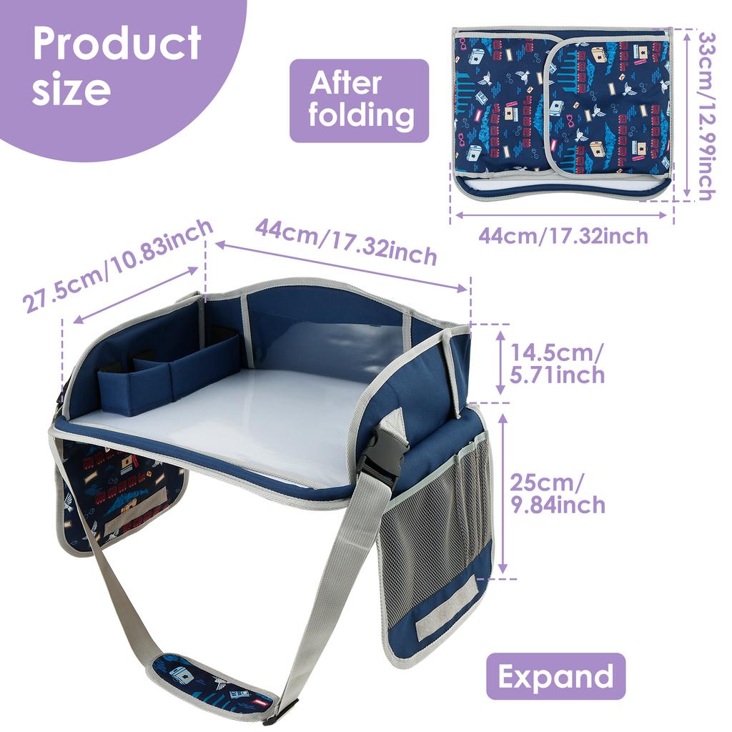 Carseat Table Tray for Kids Polyester Toddler Travel Lap Desk and Organizer with Padded Shoulder Strap Baby Safety Seat Fence