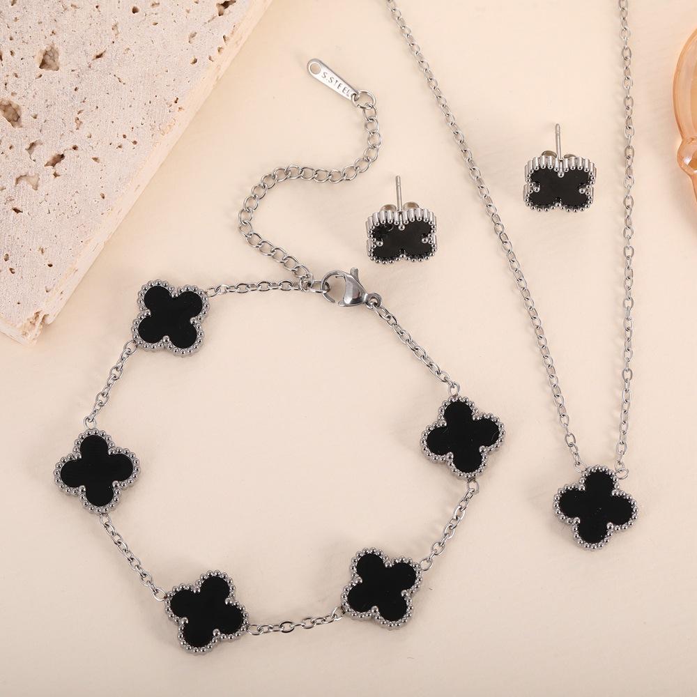 3PCS Titanium Steel Double-sided Clover Necklace Bracelet Earring Set