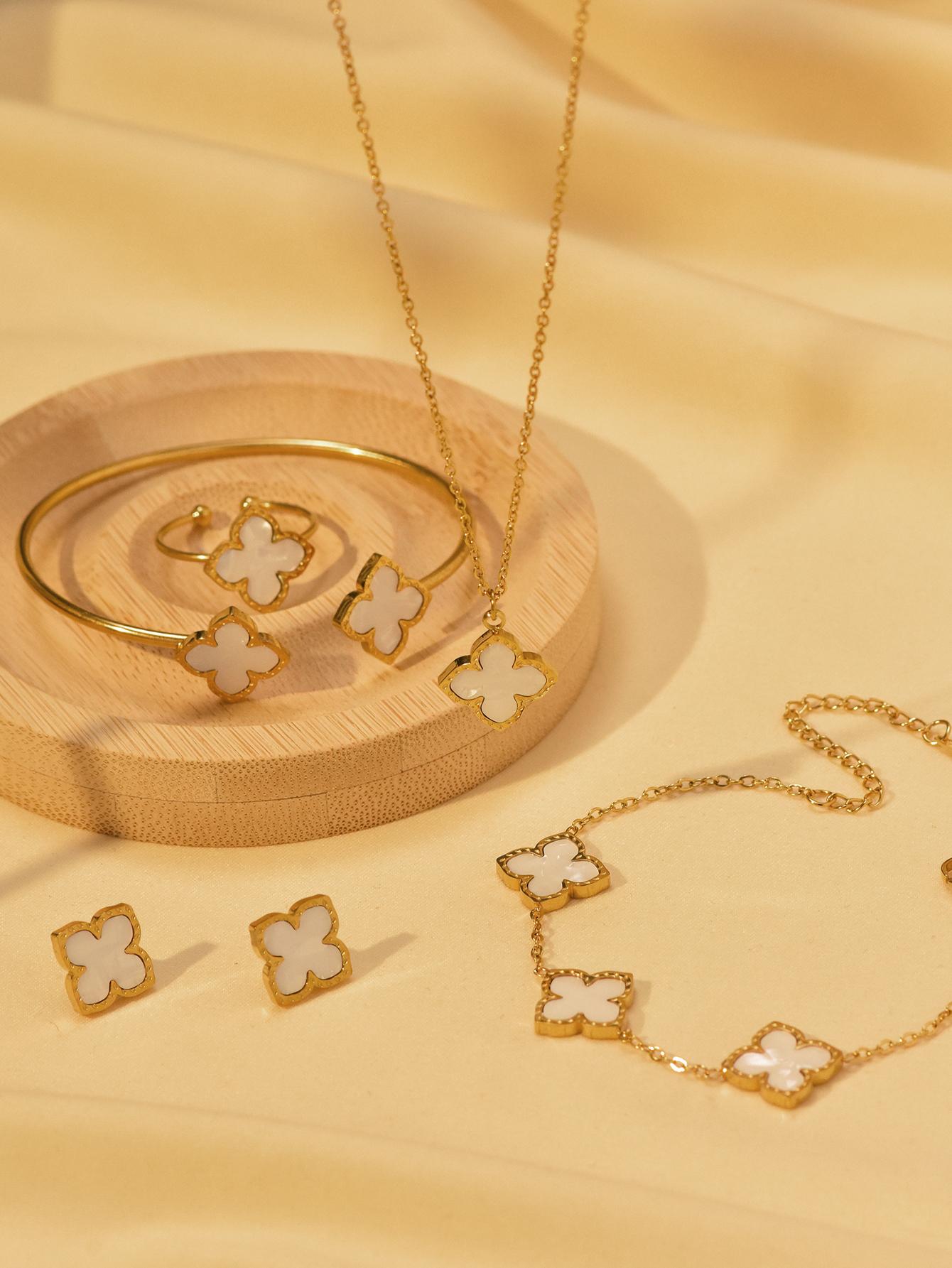 

6 Pcs Clover Earring Necklace Bracelet Bangle Ring Zircon Set For Women Ideal for everyday accessories and party favours