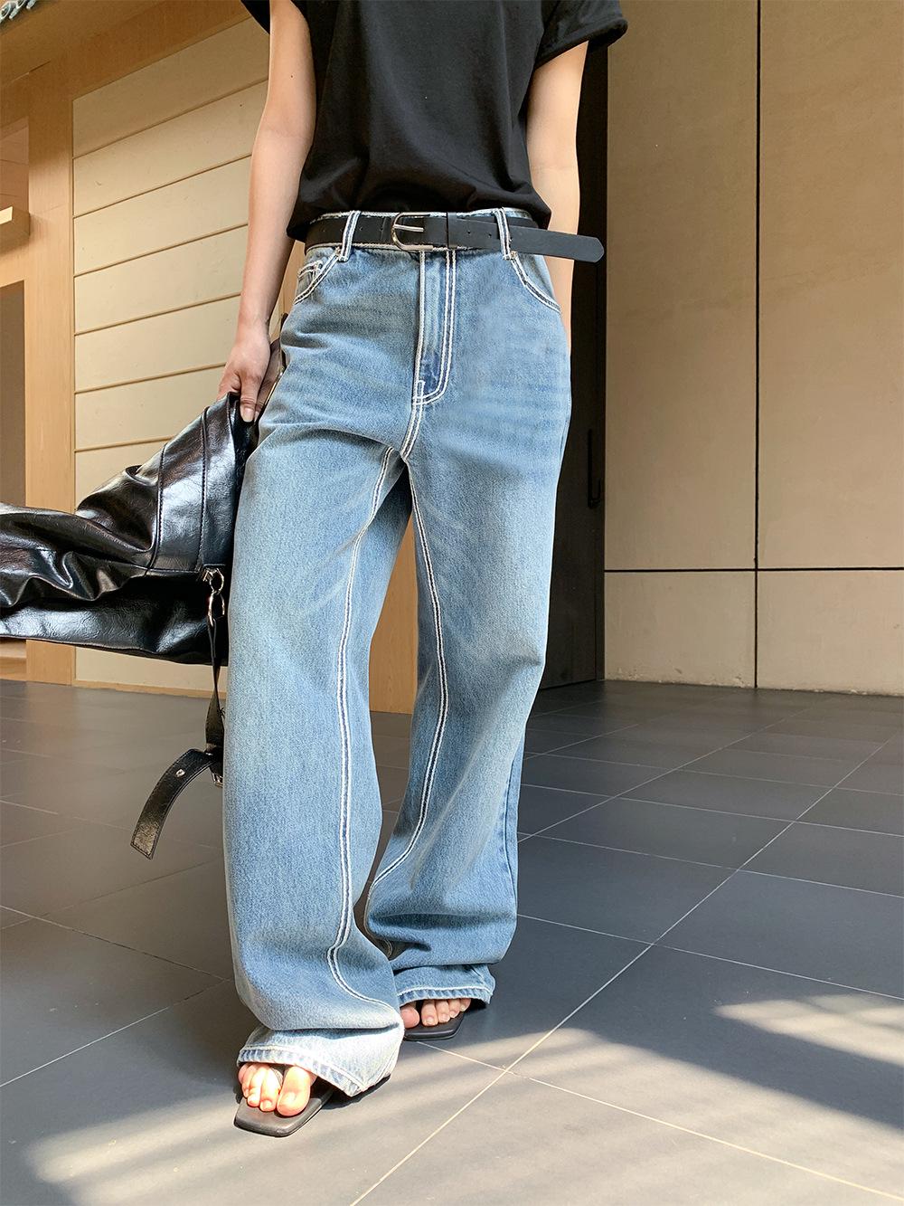Yuyi 2025 Summer Women s American Style Contrast Straight-Leg Jeans L синий