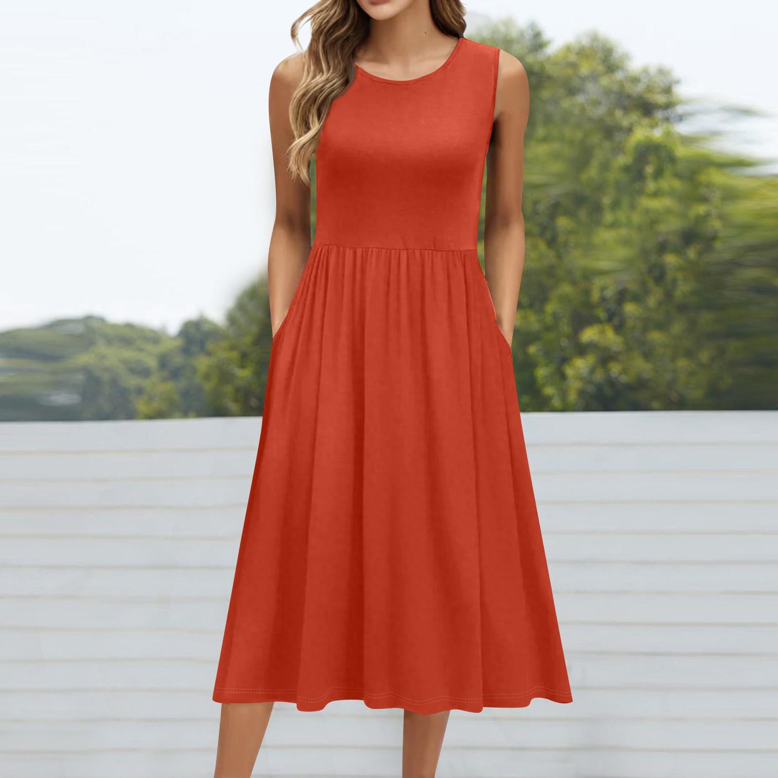 

Жіноча модна одноколірна повсякденна пуловер із круглим вирізом без рукавів і кишенями середньої довжини L помаранчевий