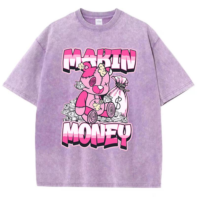 Street Women Washed T-Shirts Making Money Bear Printing Tops Comfortable Crewneck Cotton Oversize Tees Summer Clothes