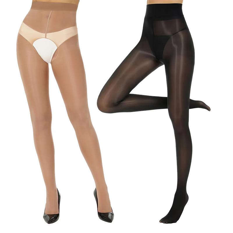 Kave 2 Paar Open/Gesloten Kruis Grote Maten Glad Glanzende Paardenolie Panty's Voor Vrouwen Hoge Taille Zijde Olie Glans Dunne Panty's Fit for 70-120kg brown