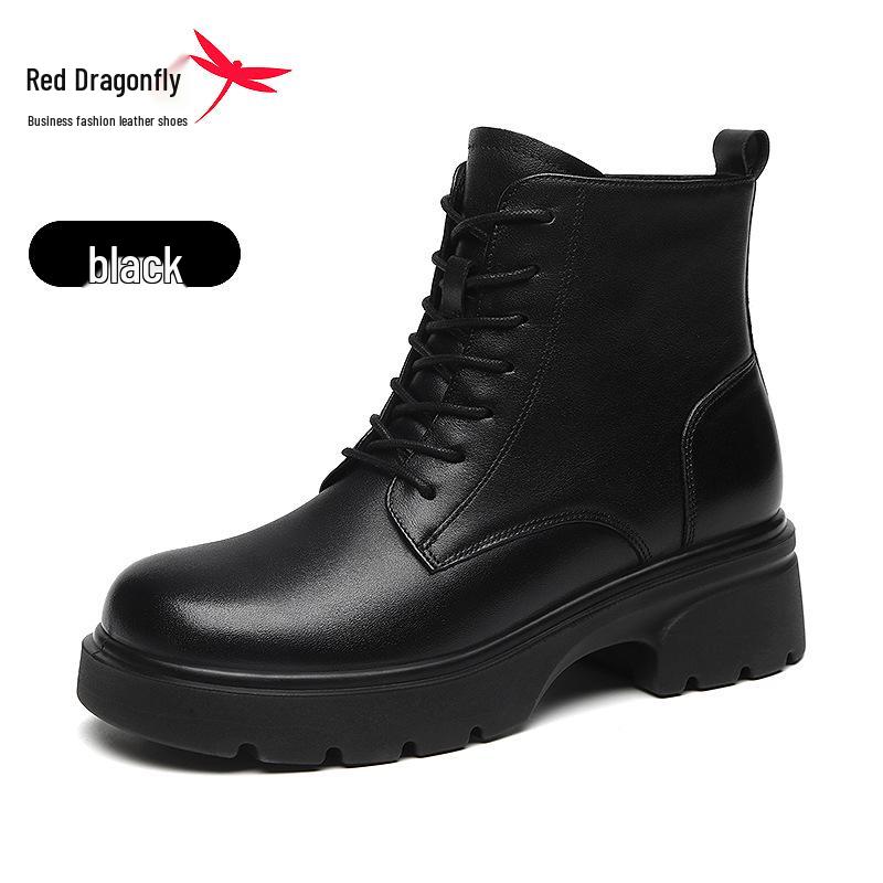 Red Dragonfly Women's British Style Real Leather Winter Boots Thick-Soled Velvet Short Martin Boots, 2024 New Arrivals