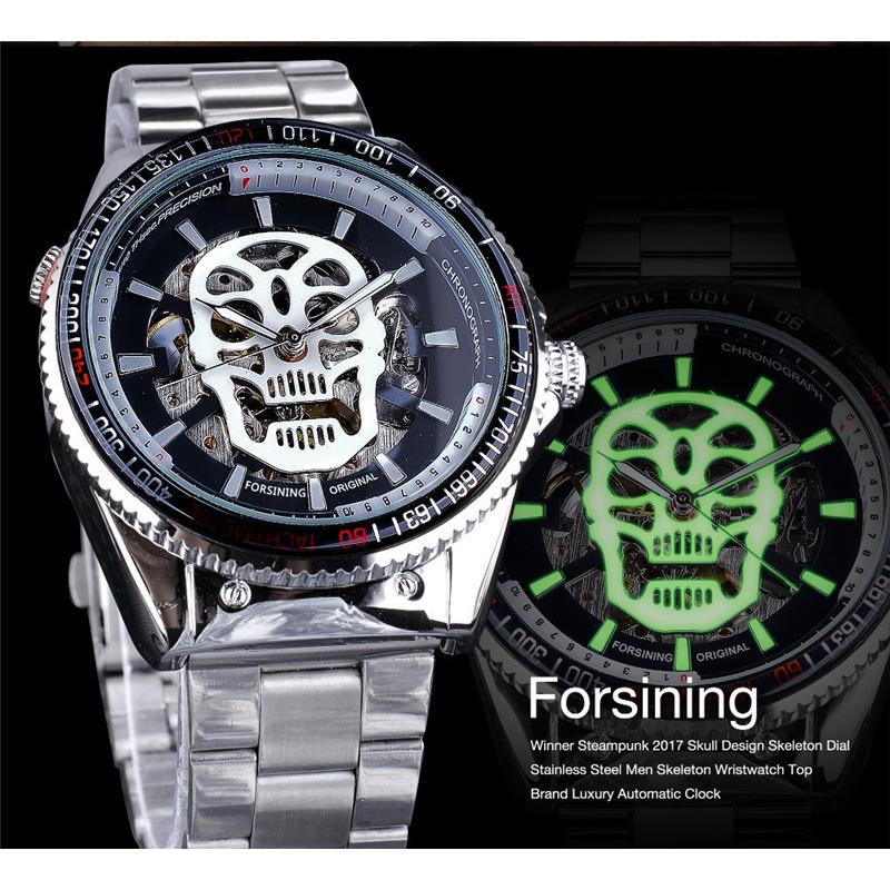 Forsining Men's Fashion Openwork Luminous Waterproof White Skull Mechanical Watch