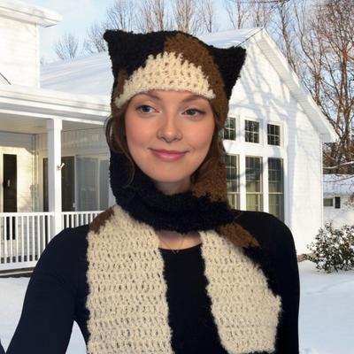 Knitted Hat Tri-Color Cat Design Hat Outdoor Activities Warm Crochet Winter Scarf Headgear Fashionable Accessories