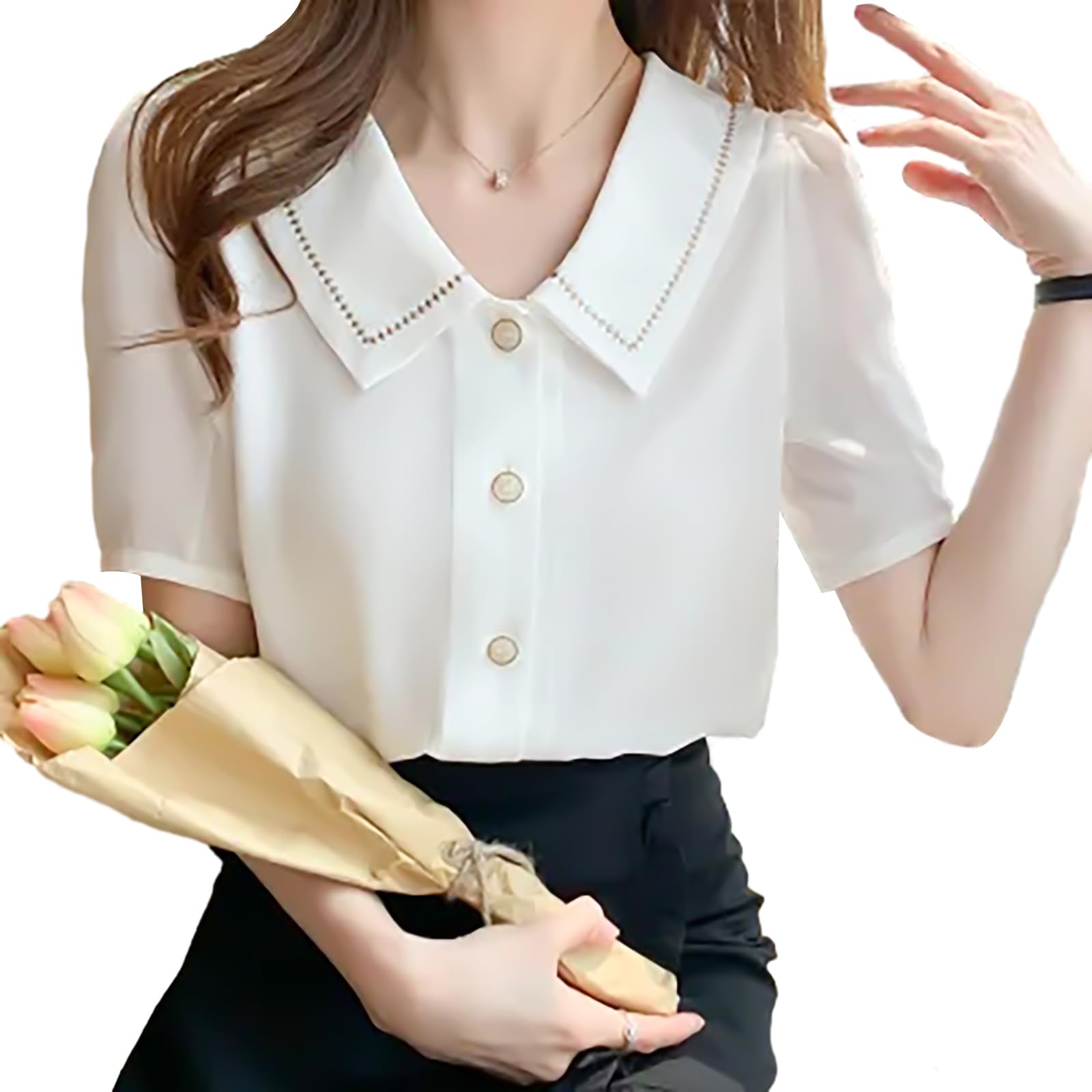 

Рубашка Открытая Короткая Свободная Простая [Tiernyueth] Женская Блузка, Перед, Рукав, Вышитая, С воротником, Элегантная, Лацкан, Повседневная, Мягкая, Стильная, Заправлять, белый