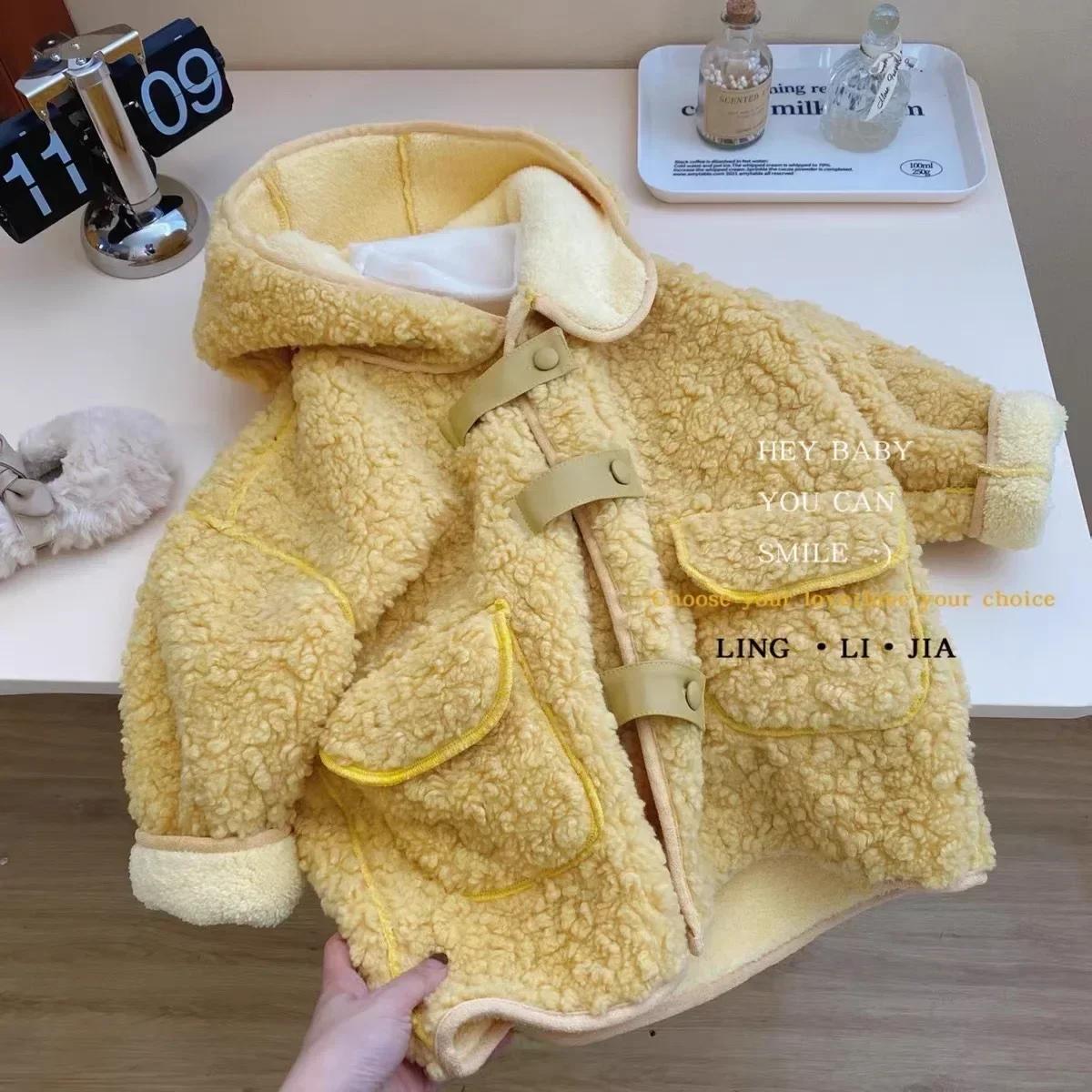 

Зимнее пальто детская одежда корейский добавить бархат овечья шерсть свободное пальто для девочек с капюшоном однотонный простой новый 2024 теплый 90 лимонно-желтый