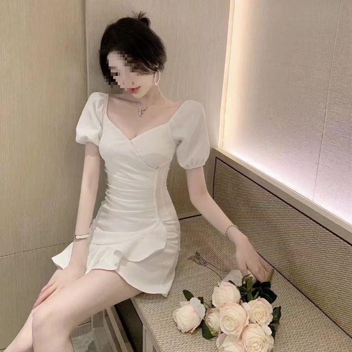 Sexy Style Solid Color Pleated Bubble Sleeves V-neck Dress Women's Summer Small Slim-fitting Ruffle Edge Miniskirt