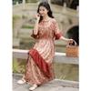 Johnature Woman Summer Fashion Print Devise Half Sleeve Dress Splicing Contrast O-Neck Dress
