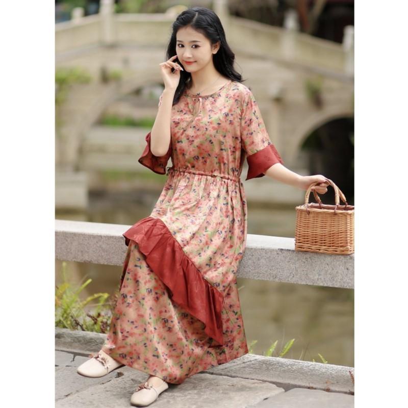 Johnature Woman Summer Fashion Print Devise Half Sleeve Dress Splicing Contrast O-Neck Dress
