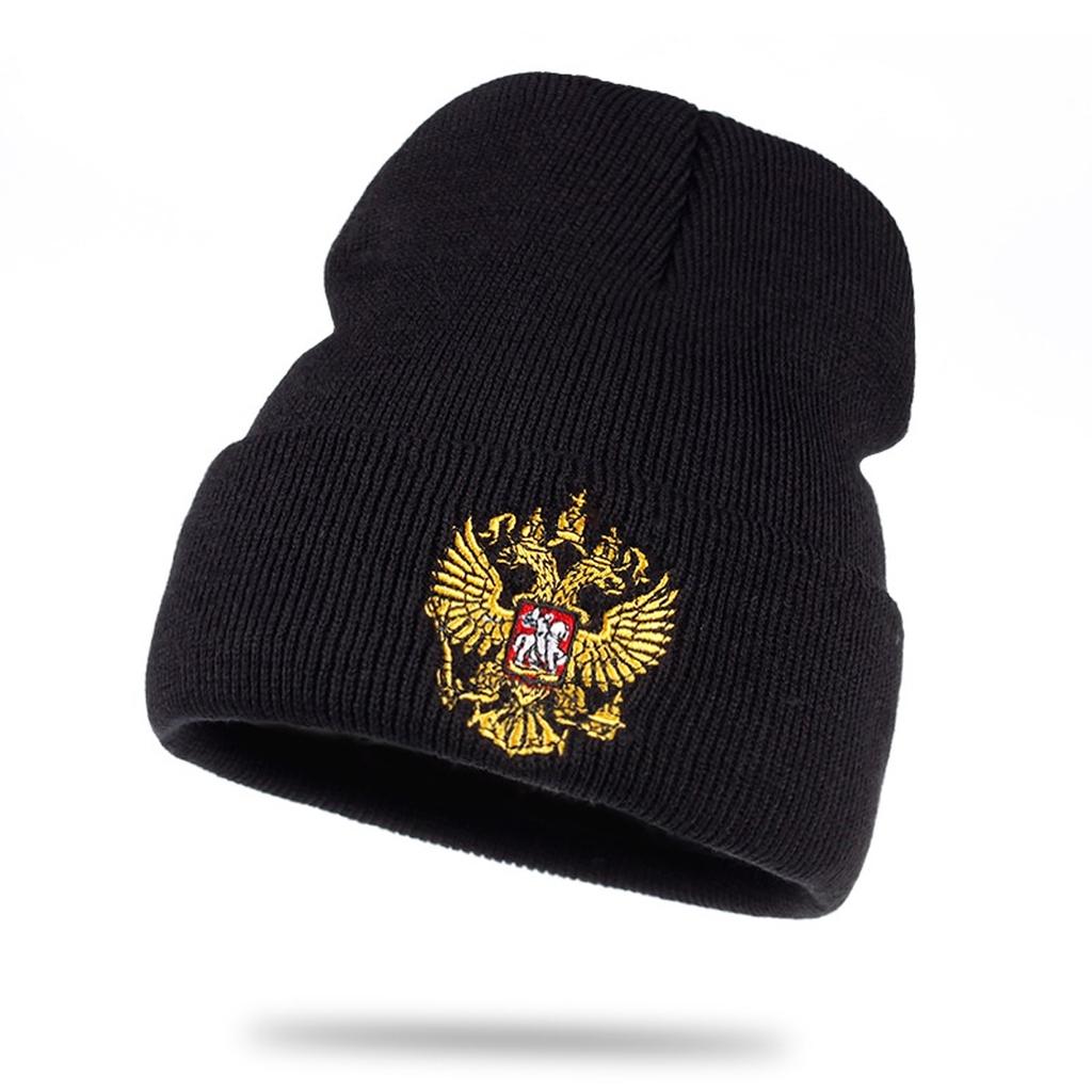 Unisex Double-headed Eagle Embroidery Knitted Hat Windproof and Cold Proof Beanies Cap Autumn Winter Outdoor Sport Travel for Women Men